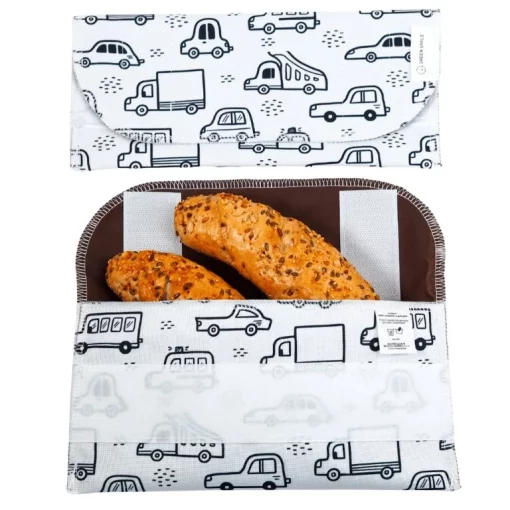 Svačinová kapsa dvojrohlík Bílá autíčka